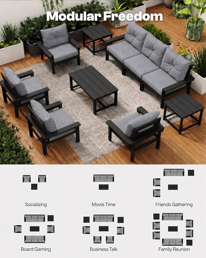 HDPE Outdoor Patio Furniture Set, 6-Piece Patio Conversation Sets with Coffee Table & Side Table & Grey Washable Thick Cushions, Outdoor Sofa for Balcony, Porch (Black Frame)