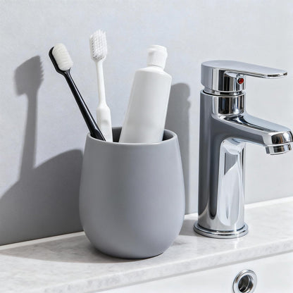 Grey Ceramic Toothbrush Holder - 11Oz Small Bathroom Tooth Brushing Holders, Reusable Mouthwash Cup, Toothpaste Holder, Makeup Brush Holder, Pen Holder for Bathroom Countertop, 1PC