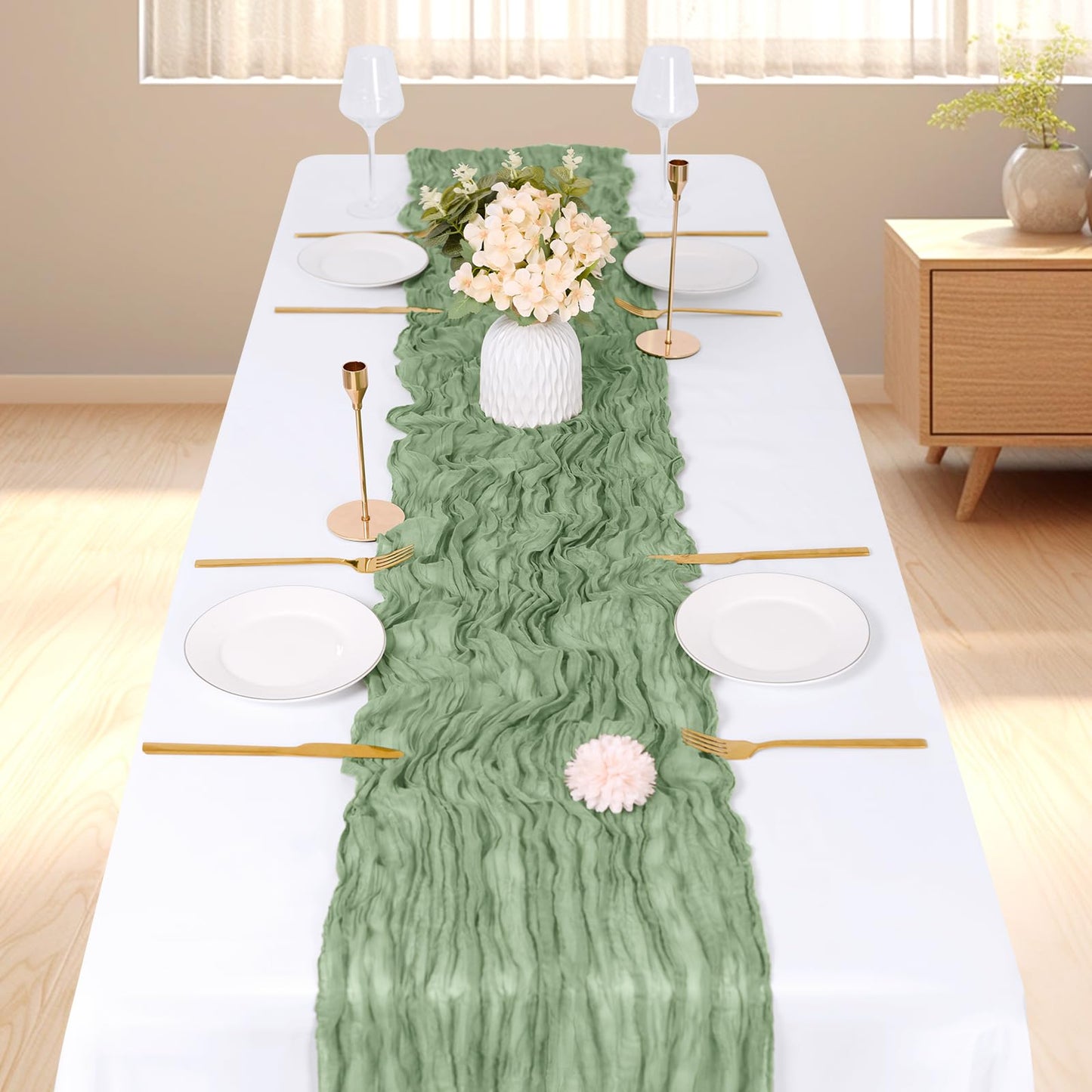 ACSUIT 3 Pack Sage Green Cheesecloth Table Runner, 17 x 108 inch, Semi Sheer Boho Cheese Cloth Fabric Table Runner Bulk for Wedding, Birthday, Party, Holiday, Home Decor (Sage Green)