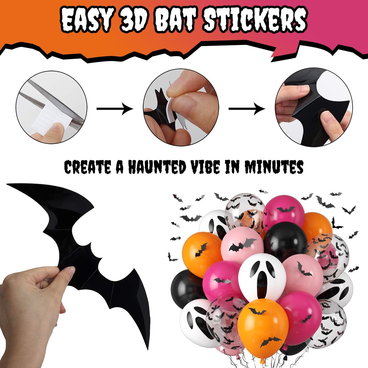 Orange Pink Halloween Balloons, 12 Inch Ghost Balloons, Black Orange and Hot Pink Latex Balloon with Bat Sticker, Bat Print Balloon for Kids Girls Birthday Ghost Theme Halloween Party Decorations