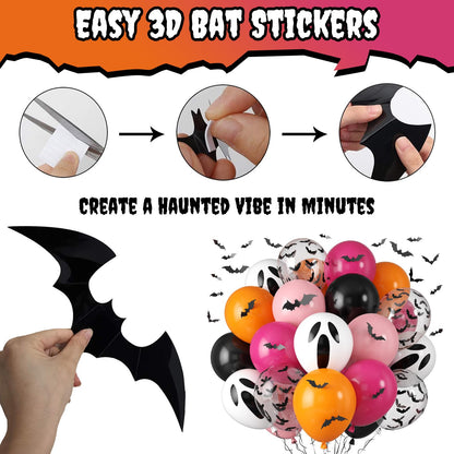 Orange Pink Halloween Balloons, 12 Inch Ghost Balloons, Black Orange and Hot Pink Latex Balloon with Bat Sticker, Bat Print Balloon for Kids Girls Birthday Ghost Theme Halloween Party Decorations