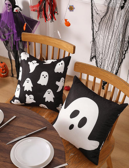 multiwins Halloween Decorations Set of 4 Double-Sided Print Ghost Pillow Covers 16" x 16", with 8 Cute Halloween Decor Patterns, Soft Linen Throw Pillow Covers for Outdoor & Indoor Use