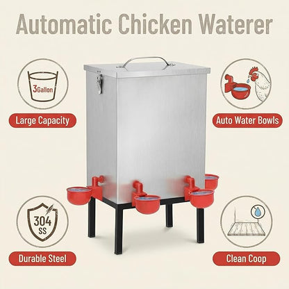 3 Gallon Chicken Waterer with Cups & Nipples, Stainless Steel Poultry Waterer for Backyard Coop, No-Spill, Easy to Clean, Ideal for Chickens, Ducks & Small Farms