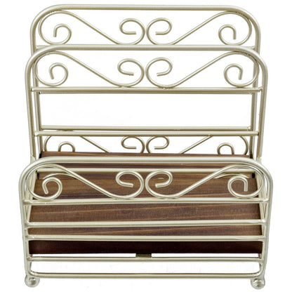 MyGift 2-in-1 Disposable Napkin and Salt & Pepper Caddy, Brass Tone Metal Vintage Scrollwork Dinner Table Paper Towel Condiment Holder with Rustic Burnt Solid Wood Base