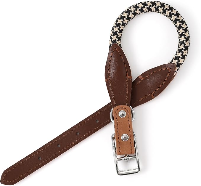 Mile High Life Genuine Leather Dog Collar, Durable Braided Cotton Rope Collar with Metal Pin Buckle for Small Medium Large Dogs (Black Khaki, S Neck 11"-15")