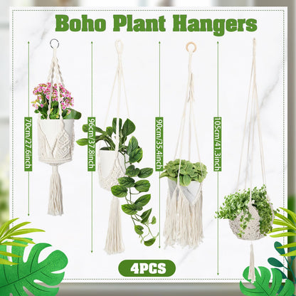 Wovnet 4 Packs Macrame Plant Hangers Indoor Crochet Hanging Plant Holder with Tassels Hanging Planters for Indoor Boho Hanger with 4 S Shaped Hooks for Home Decor Window Flower Pot (White)