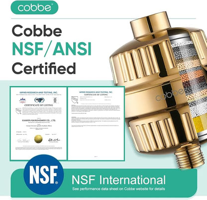 Cobbe High Pressure Filtered Shower Head Combo, Rain Shower Head with 20 Stage Shower Head Filter for Hard Water - Adjustable Replacement Remove Chlorine and Harmful Substances, Gold