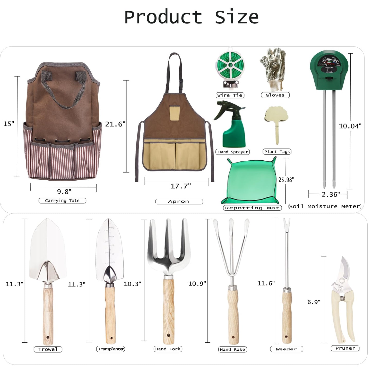 Beswill 14 PCS Garden Tool Set with Soil Moisture Meter, Stainless Stell Heavy Duty Gardening Hand Tools with Wood Handle, Tote Bag, Repotting Mat, Gardening Tool Set Ideal Gift for Women and Men