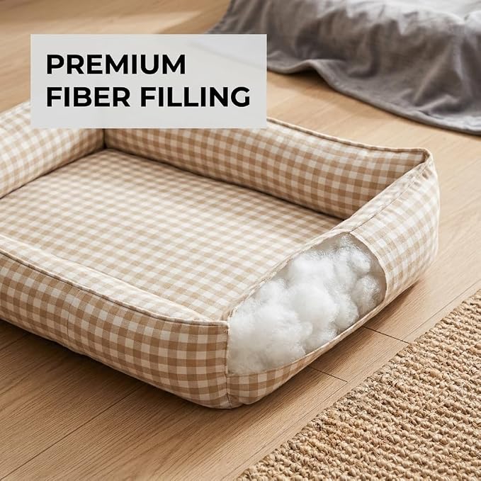 Gingham Dog Bed for Small Dogs, Small, Beige | Washable Removable Cover, Supportive Sponge Base, Bolsters