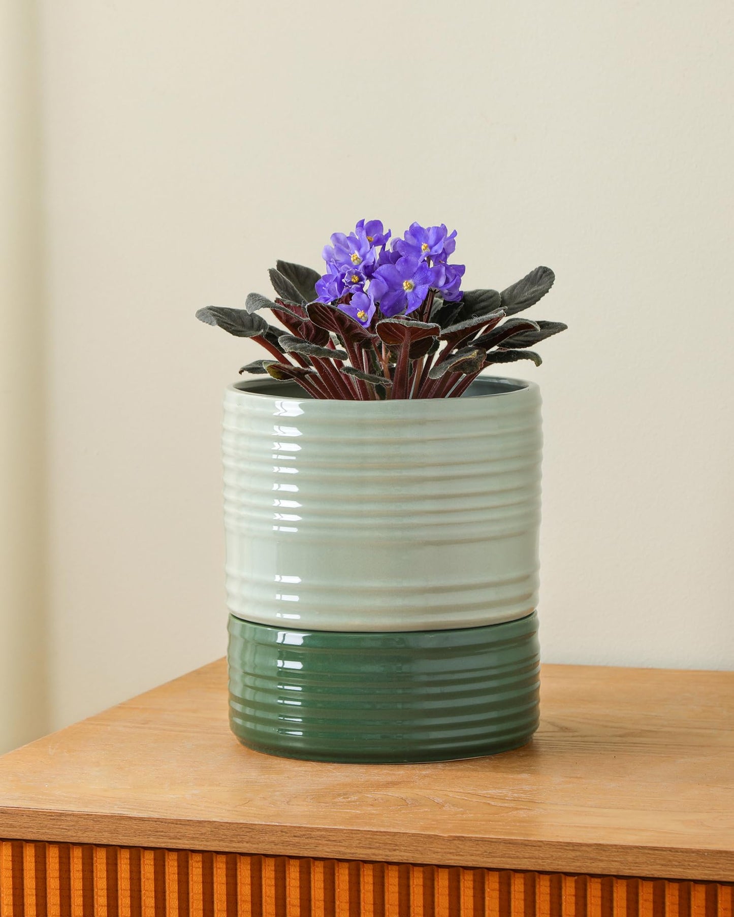 Fayoula Self Watering Pots for Indoor Plants, 6 Inch Ceramic Self Watering Plant Pot, Planter Pot with Wick Rope and Drainage Hole for African Violet Succulent Herbs (Green Light)