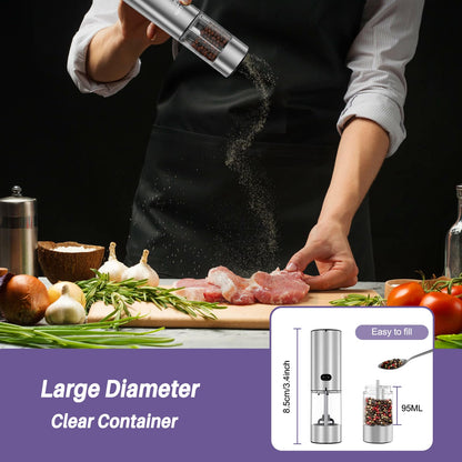 Electric Salt and Pepper Grinder Set, Automatic Pepper Mill Grinder w/Upgraded Charge Base and LED Light,Adjustable Coarseness,Rechargeable Black Peppercorn & Sea Salt Spice Mill Set