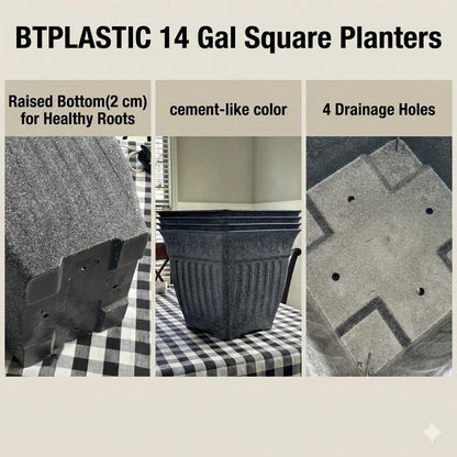 18'' Large Square Planter for Plants - 4 Pack Imitation Cement Plastic Flower Pots with Drainage Holes & 2cm Raised Base, 14 Gal Decorative Stone Like Garden Pot, Retro Plant Container
