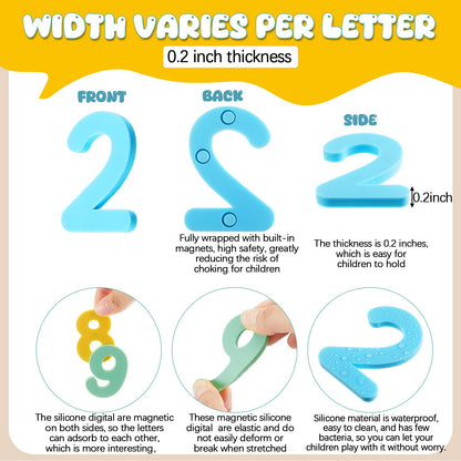VioraWhite 39 Pcs Magnetic Food Grade Silicone Alphabet Letters Kit (Sealed Magnet, CPC Certified) 26 ABC 10 Number 3 Operators Educational Fridge Magnets for 4-6 Kids Learning Toys Birthday Gift