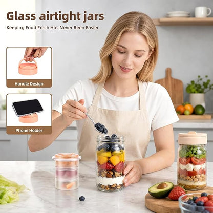 TQRR 32 OZ 4 Pack Overnight Oats Containers with Lids, Glass Storage Jar with Dry and Wet Separation, Leakproof Wide Mouth Mason Jars, Glass Jars with a Handle for Salads,Yogurt (2, Beige & Pink)
