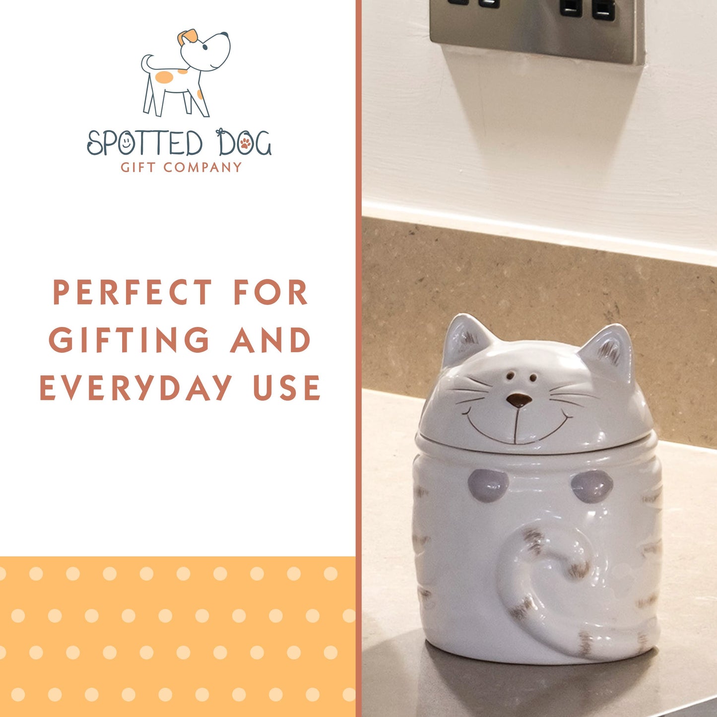 SPOTTED DOG GIFT COMPANY Ceramic Jar with Lid for Countertop, Cat Treat Container, Cute Decorative Kitchen Storage Jar for Tea Coffee Sugar, Gifts for People Who Love Cats, White 16oz