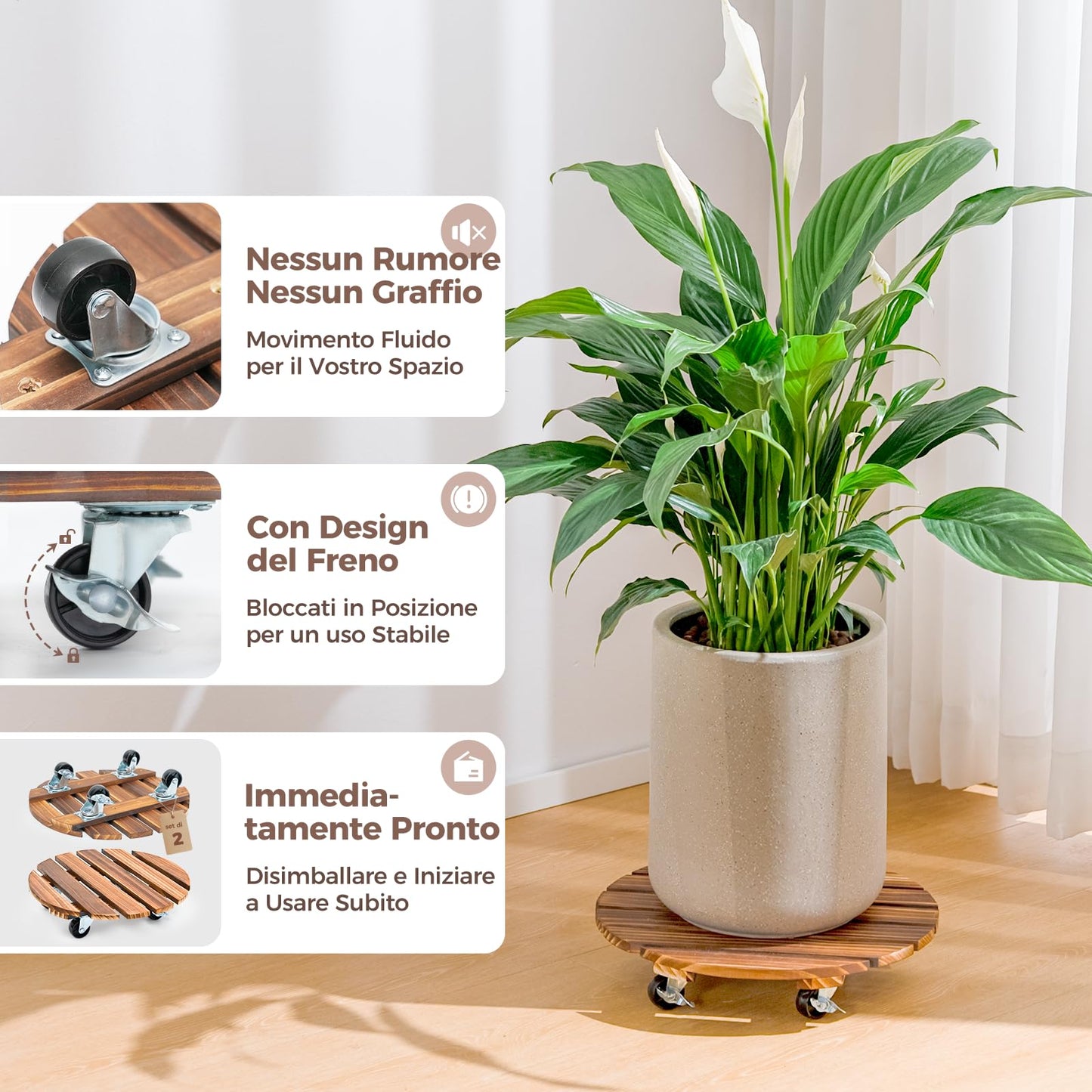 Bamworld14 Inch Wood Plant Caddy with Wheels – Heavy-Duty Plant Dolly with 240 Lbs Capacity, 360° Lockable Wheels for Large Plant Pots, Heavy Objects, Ideal for Indoor and Outdoor Use 2-Pack
