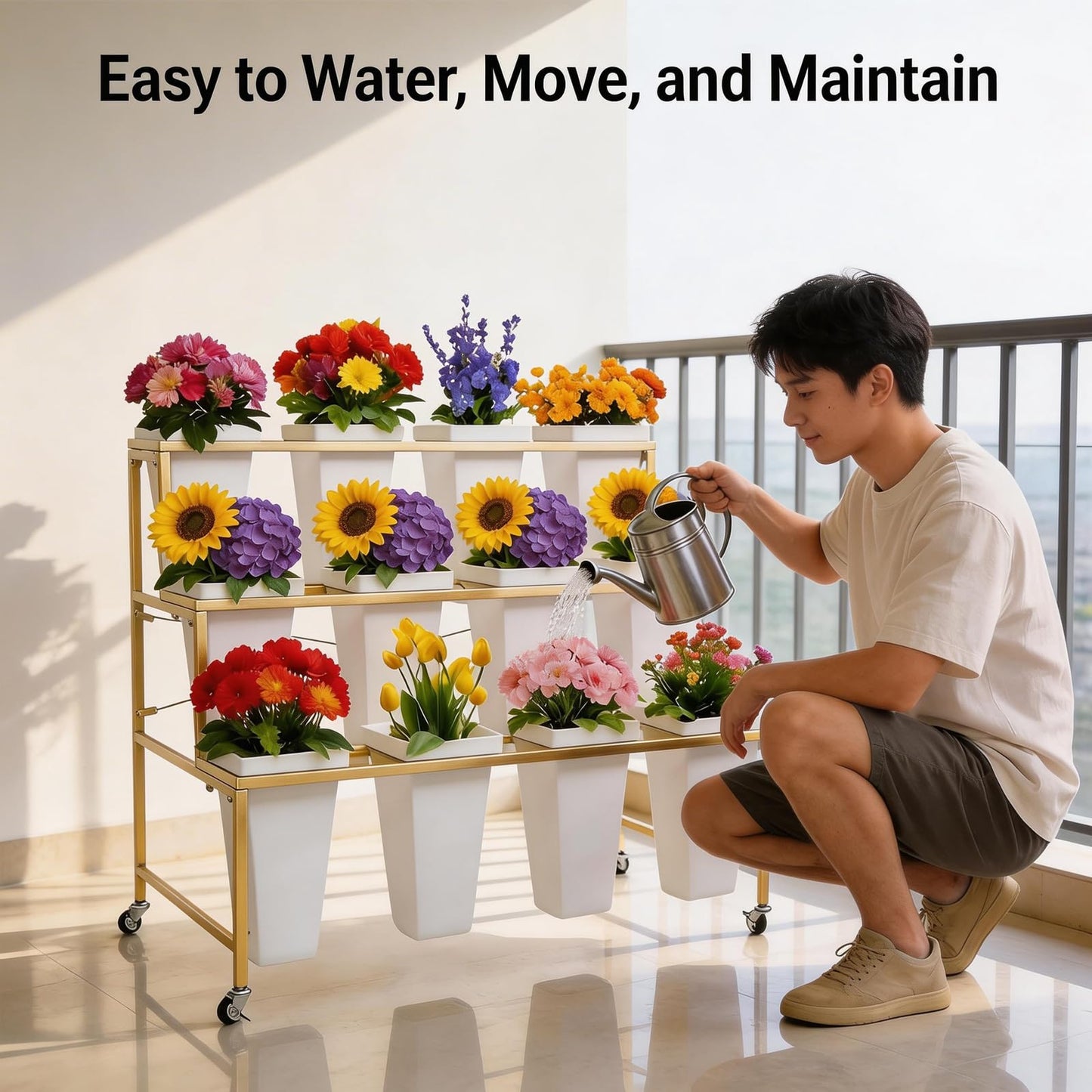 SXJHOPK Flower Display Stand with 12 Buckets, 3-Tier Rolling Plant Stand with Locking Wheels - Heavy Duty Metal Flower Cart for Indoor/Outdoor Use, Wedding Decor & Florist Displays