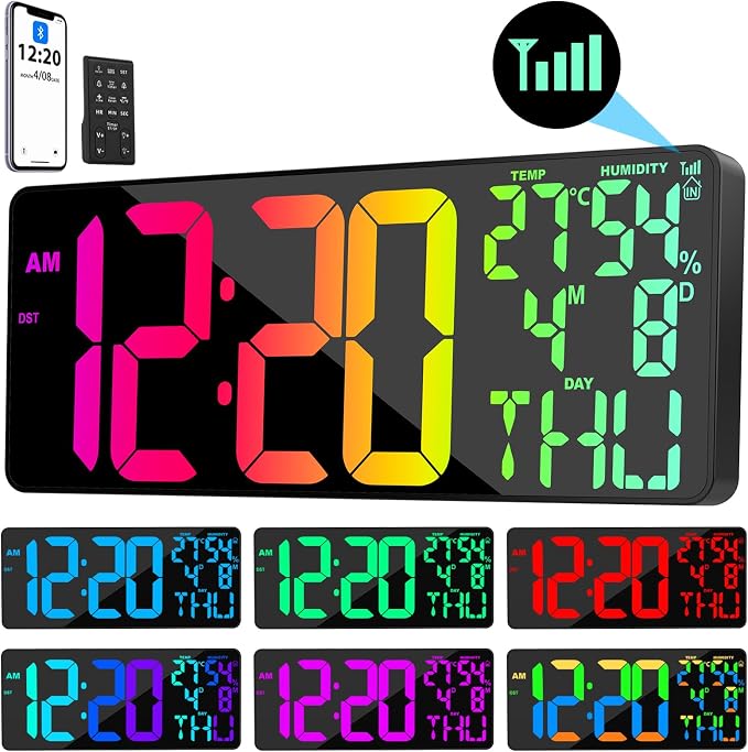 11 RGB Color Changes Large Digital Wall Clock/Bluetooth Auto Time Sync, Remote-Controlled Digital Wall Clock Large Display with Alarm/Timer Function, DST, Indoor Temperature/Humidity Display (18 inch)