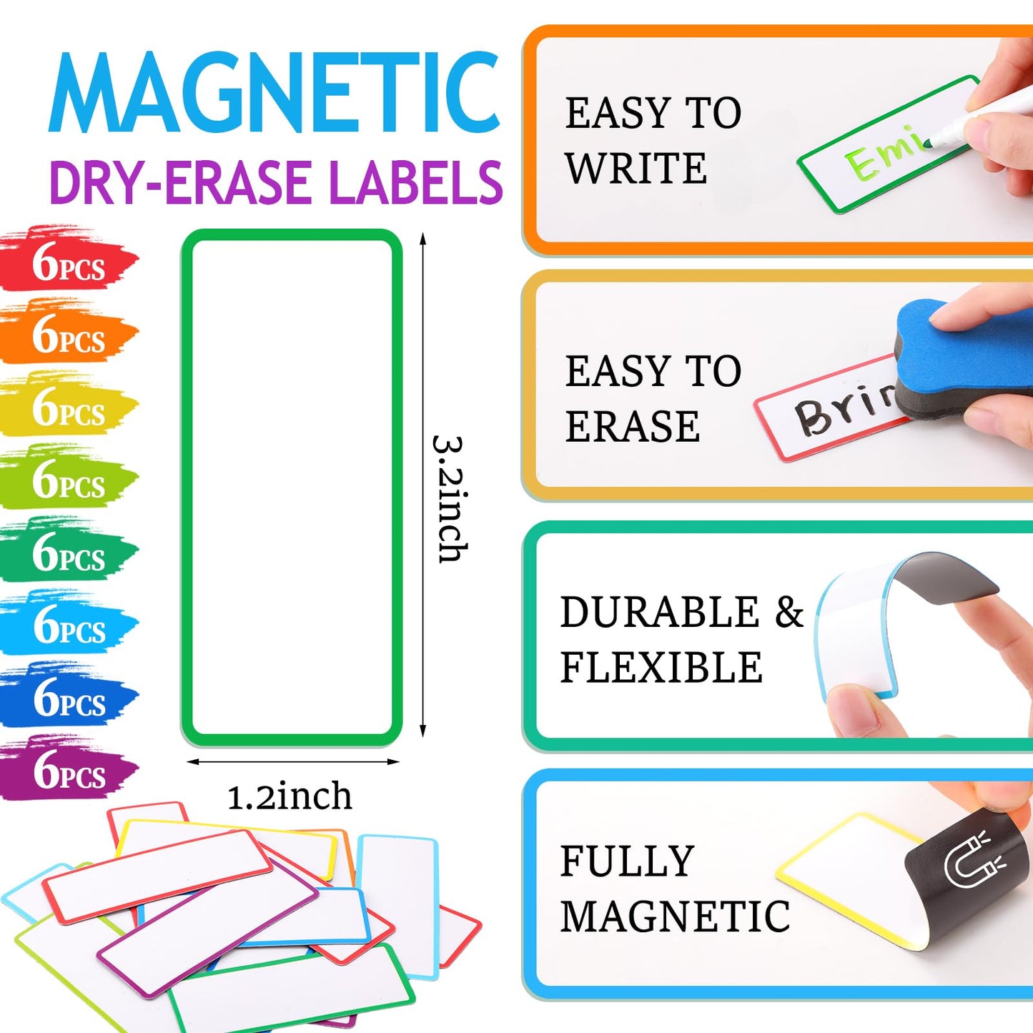 Tellegloww 6 Rolls 1/4" Magnetic Whiteboard Tape Set 33ft Magnetic Tape Roll Thin Strips Borders for Classroom Whiteboard with 48pcs Dry Erase Labels for Classroom School Office Home Students