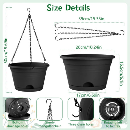 Nooulap 4 Pack Hanging Planters, 10 Inch Plant Pots with Hanger Chain & Drainage Trays, Hanging Baskets for Plants Outdoor Indoor, Flowers Pots for Home, Garden, Porch Decor (2 Grey + 2 Black)