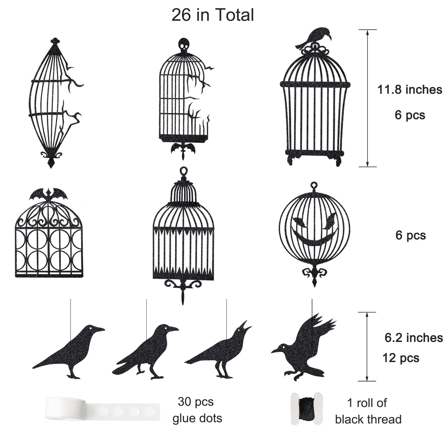 Cheerland Glitter Black Crow Cage Halloween Decorations Bird Raven Hanging Banners for Gothic Halloween Garland Backdrop Centerpiece Wall Cutouts for Horror Theme Birthday Wedding Yard Party Supplies