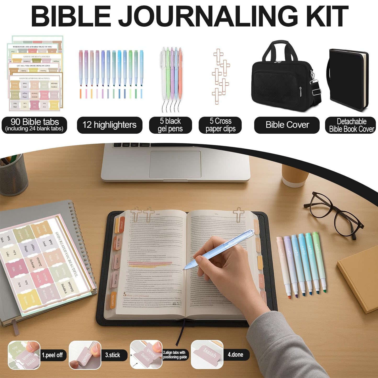 IBOVODI Bible Cover Case for Men Women with Highlighters Tabs Pens Cross Clips Large Church Bag with Zippered Pocket and Handle, Bible Study Supplies Bible Journaling Kit Book Carrying Case (Black)