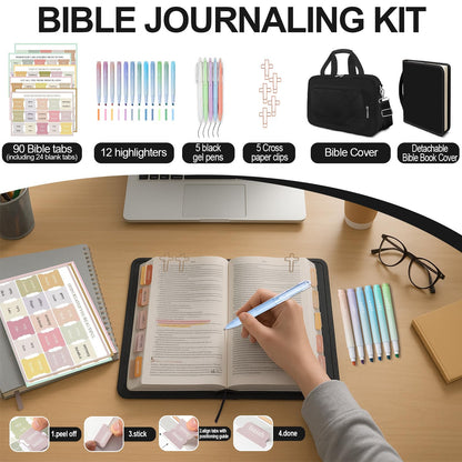 IBOVODI Bible Cover Case for Men Women with Highlighters Tabs Pens Cross Clips Large Church Bag with Zippered Pocket and Handle, Bible Study Supplies Bible Journaling Kit Book Carrying Case (Black)
