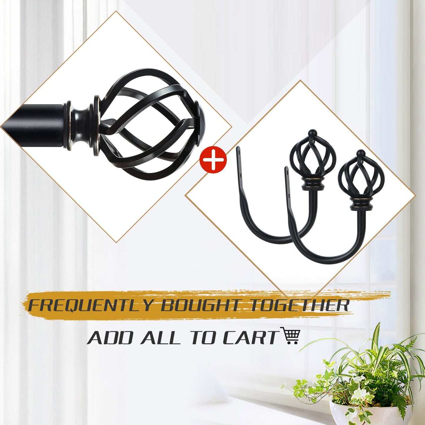 KAMANINA Decorative Curtain Drapery Holdbacks for Wall, Black Curtain Tiebacks Holders with Screws Wall Mounted for Drapes Window Home Decoration, Twisted Cage Finials, 1 Pair/2 Pack, Small