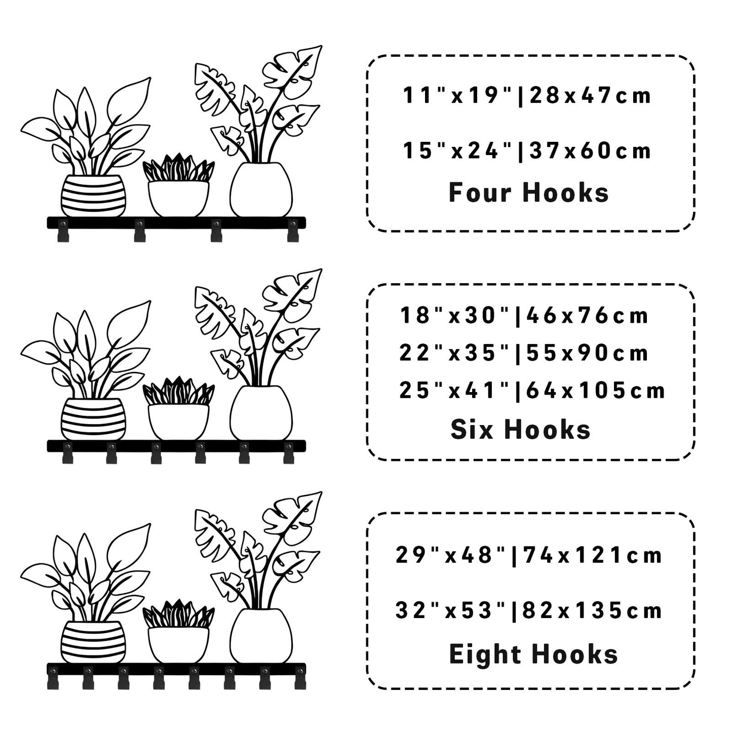 Metal Planter Coat Rack, Rustic Vase Wall Mounted, Botanical Flower Wall Mounted, Flower Key Hat Clothes Hooks, Nature Home Decor (Black, 29"x48"|74x121cm)