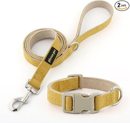 Plutus Pet Cotton Hemp Dog Collar and Leash Set, Adjustable Collar for Small, Medium, and Large Dogs, Heavy Duty and Soft on Skin, Yellow, XL