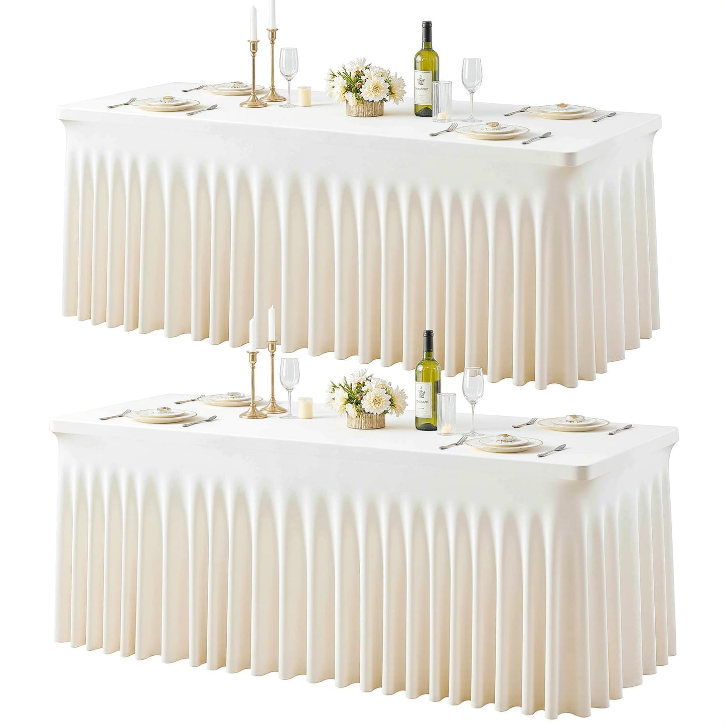 2 Pack Ivory Spandex Tablecloths for Rectangle Tables 6 Foot Ivory Stretch Table Cloth Rectangle 6ft Elastic Fitted Table Cover with Skirt for Wedding Birthday Party Banquet Baby Shower Buffet Event