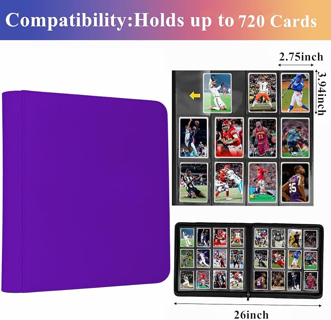 12 Pocket Card Binder, 720 Pockets PU Leather Zipper Trading Card Collection Album, Side-Loading Card Storage Folders for MTG, TCG, Game/Sport Crads (Purple, 12 Pockets)