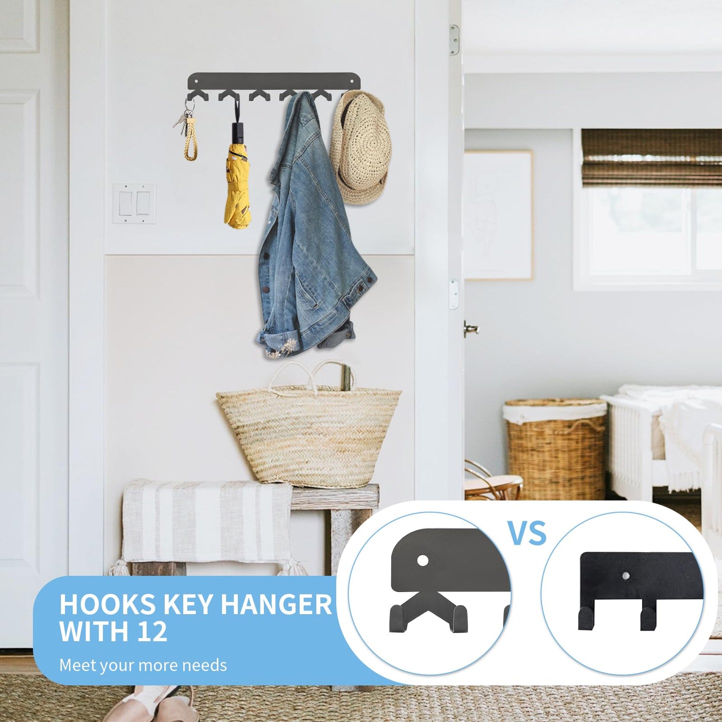 Yoanxong 2 Pack Key Holder for Wall, Key Hooks Wall Mount with 12 Hooks, No Drilling Required, Self-Adhesive Key Rack, Key Hanger Wall Mount for Corridor, Kitchen, Living Room - Gray