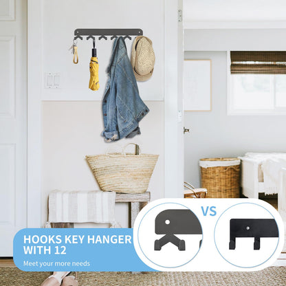 Yoanxong 2 Pack Key Holder for Wall, Key Hooks Wall Mount with 12 Hooks, No Drilling Required, Self-Adhesive Key Rack, Key Hanger Wall Mount for Corridor, Kitchen, Living Room - Gray