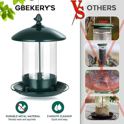 Metal Bird Feeders for Outdoors Hanging, Weather Resistant Wild Bird Feeder with 360 Degree Feeding Tray, Green, 2 Pack