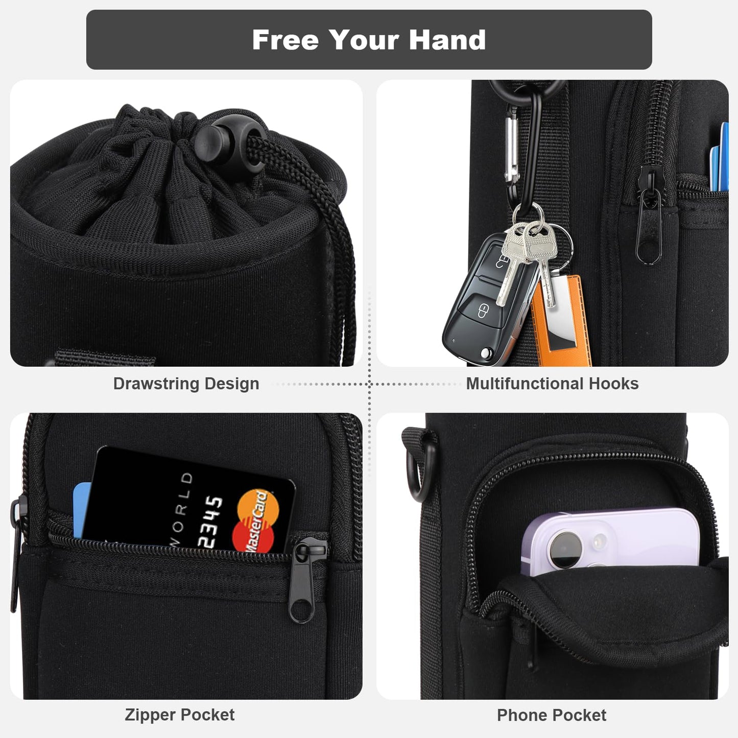 Bstge Water Bottle Holder with Strap, Water Bottle Carrier Bag with Phone Pocket, Shoulder Hand Strap Insulated Neoprene 32 oz Water Bottle Sleeve for Walking Hiking Camping Gym(black)