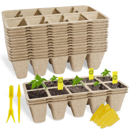 SYITCUN Seed Starter Tray 100 Cells, Biodegradable Peat Pots for Seedlings, 10 Pack 1.8" Square Pulp Nursery Cups with 100 Plant Labels and 2 Transplant Tools for Vegetable Herb