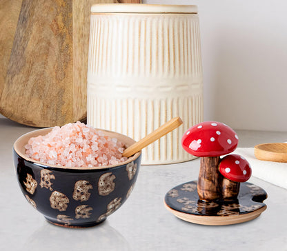 Brown Ceramic Mushroom Salt Cellar With Lid and Bamboo Spoon