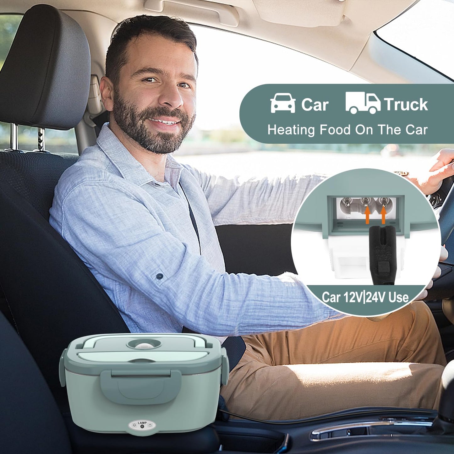 Electric Lunch Box Food Heater, 3 in 1 Ultra Quick Heated Lunch Boxes for Adults, 12V/24V/110V Portable Food Warmer for Car/Truck/Office With Fork Spoon and Insulated Carry Bag