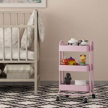 Metal Rolling Cart,3-Tier Pink Rolling Cart with Wheels,Metal Utility Cart with Wheels for Office,Home,Kitchen,Garden（13.4"x18.1"x31"） Pink