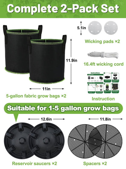 MADHOLLY Self Watering Pots for Indoor Plants with Grow Bags - 2 Pack 5 Gallon Thick Fabric Auto Irrigation Planter with Portable Handles, Water Storage Saucer, for Outdoor Vegetables, Herbs, Flower