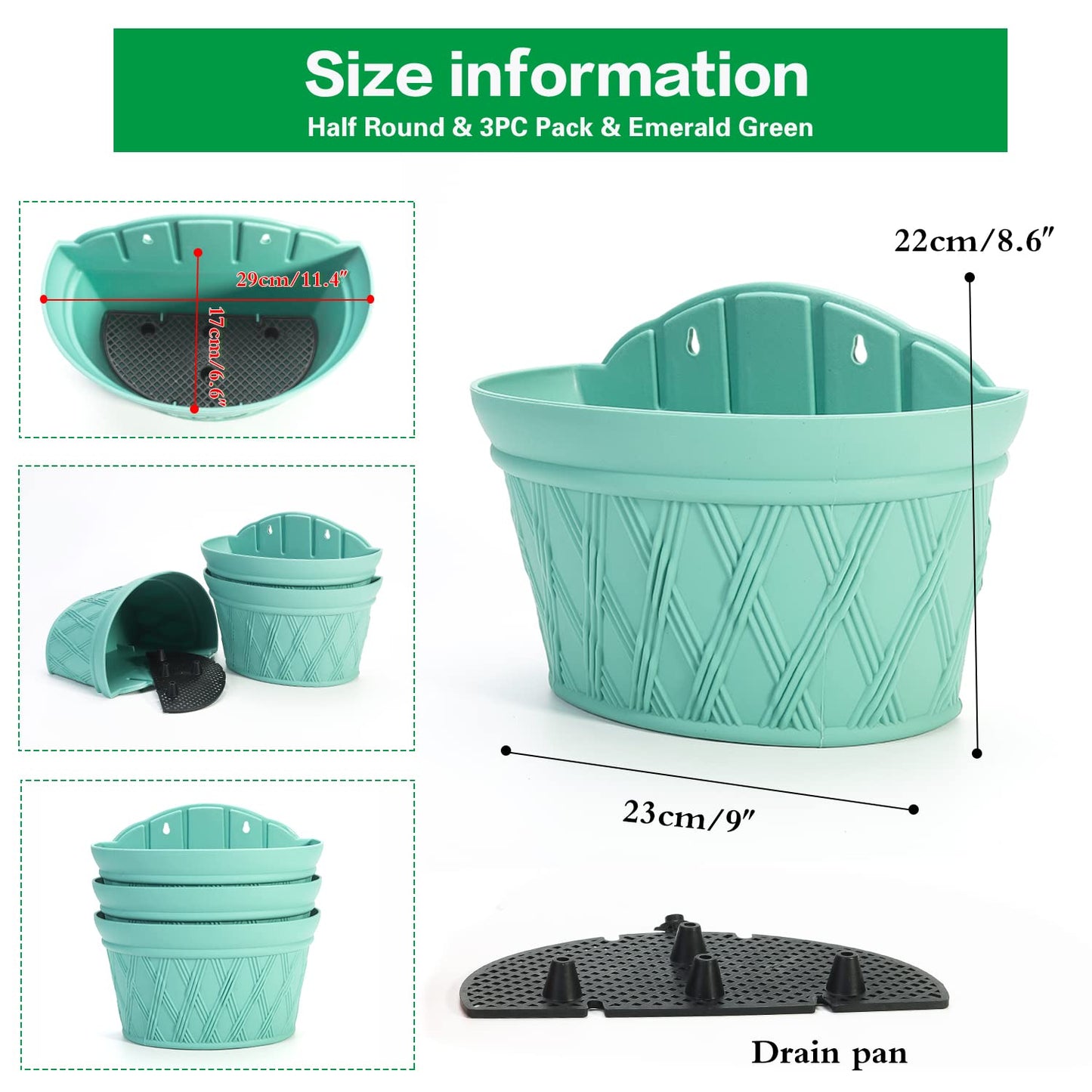 Sungmor Wall Hanging Planters,11.5 Inch Hanging Flower Pots for Railing Fence - Indoor Outdoor Balcony Wall Planter Hanging Basket, Plastic Pot Plant Container - Half Round & 3PC Pack & Green