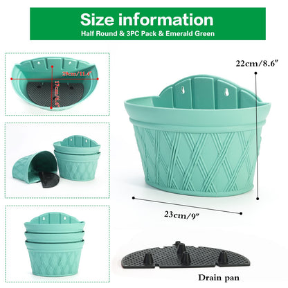 Sungmor Wall Hanging Planters,11.5 Inch Hanging Flower Pots for Railing Fence - Indoor Outdoor Balcony Wall Planter Hanging Basket, Plastic Pot Plant Container - Half Round & 3PC Pack & Green