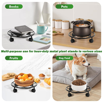 DEELF OUTLET 5 Packs 12 inches Large Metal Plant Caddy with Wheels Round Planter Dolly Pot Mover Rollers Wrought Iron Rolling Plant Stands Indoor Outdoor Wheeled Plant Holder Coaster Trolley, Black