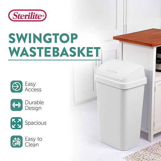 Sterilite 4-Pack Swing Top Wastebasket, Sleek Square Profile Trash Can, 13 Gallon, White - Modern Garbage Bin for Kitchen, Bathroom, Garage and Workspace, Fits 13 Gal Liners
