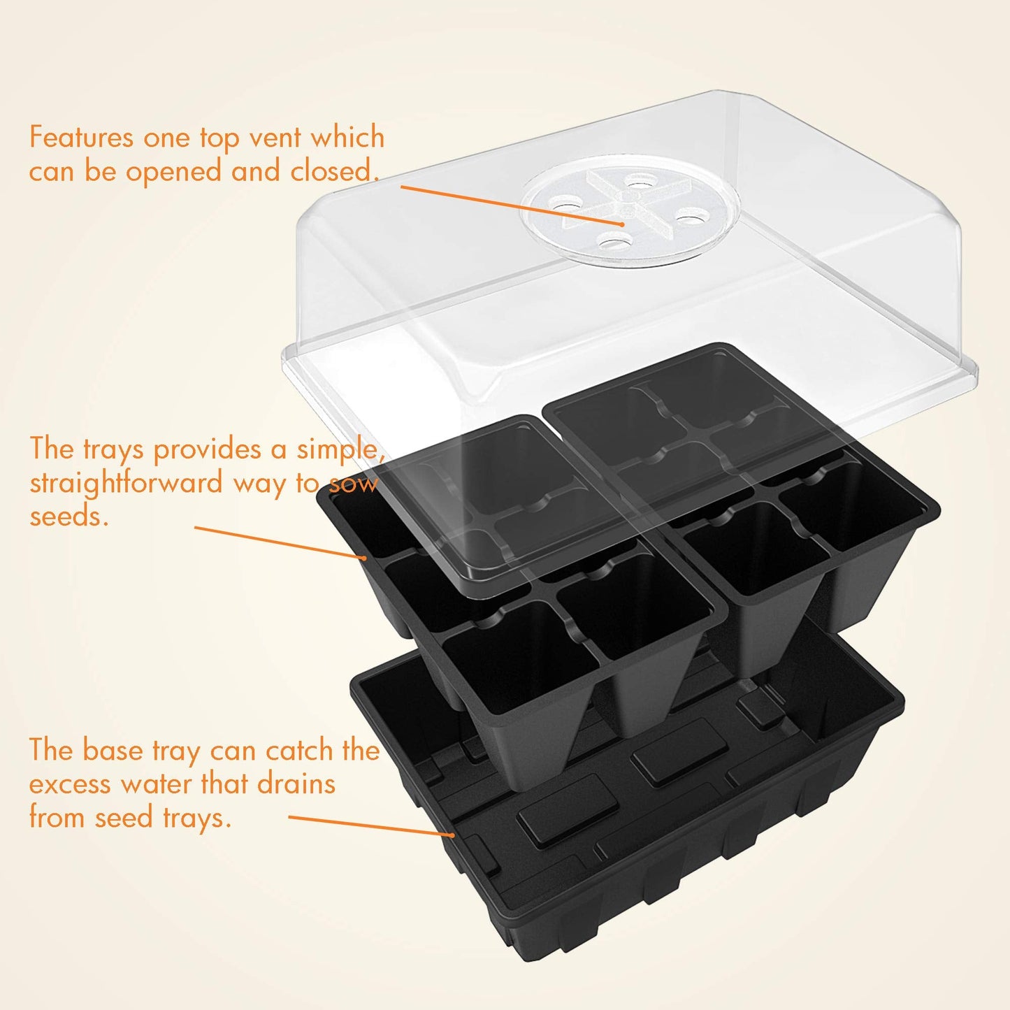Gardzen 3 Pack Seed Starting Tray, Plant Germination Trays, Seed Starter Kit with Adjustable Humidity Vented Dome, Plant Growing Kit 6.6" x 4.5", Total 36-Cell, Black