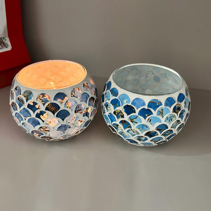 Mosaic Glass Tea Light Holders Romantic Stained Votive Candle Holder, MIATTCLD Round Handmade Tealight Candle Holder for Table Centerpieces, Christmas, Valentine, Birthday Party, Home Decor (L)