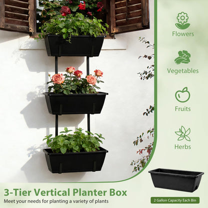 OYEAL Railing Planter Box 3 Tier Vertical Window Boxes Planter Outdoor with Adjustable Brackets & Rectangular Flower Pots Deck Railing Hanging Flower Pots for Patio, Lawn, Porch, Balcony Decor, Black
