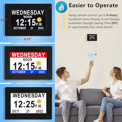 MASSII 27 Alarms Digital Talking Clock with Time Date Announcement, Auto DST, 20 Custom Reminders, 10-Level Dimmer, Sleep Trainer, Large Day Calendar Clock for Elderly Dementia Alzheimers -with Remote