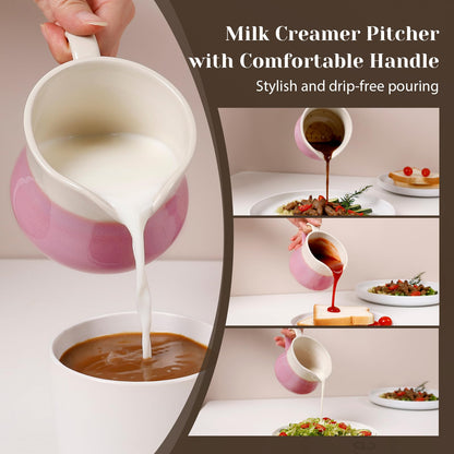 INGOFIN Ceramic Sugar and Creamer Set, 2-Piece French Style Cream Pitcher and Sugar Bowl with Lid, Coffee and Tea Serving Set for Home Kitchen, Microwave & Dishwasher Safe, Pink and Beige